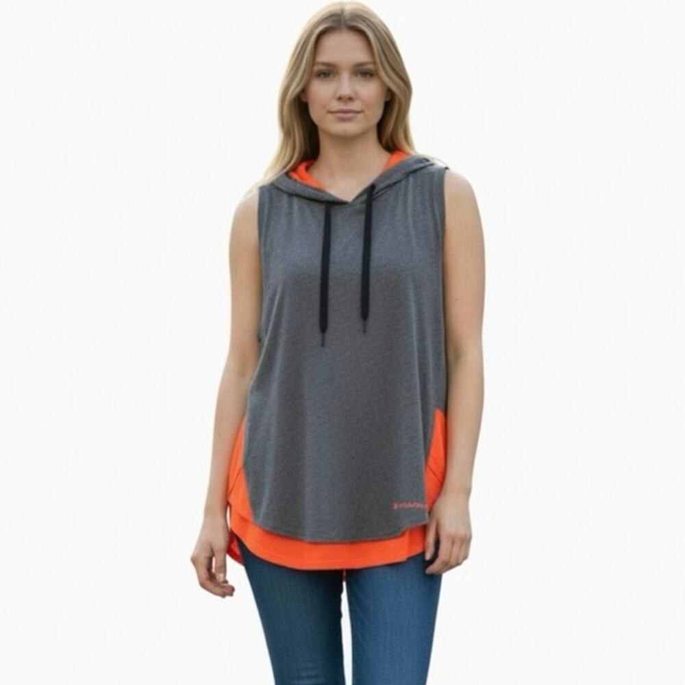 UNDER ARMOUR Loose Hooded Sleeveless Running Gym Top Women's Size S Gray Orange